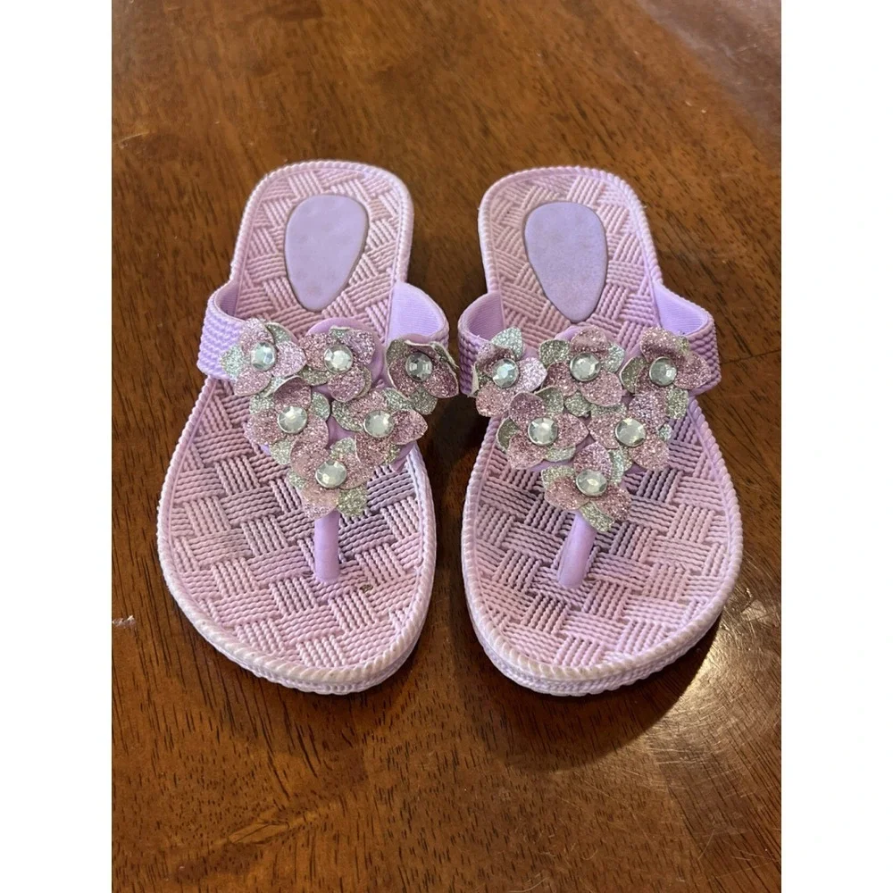 Flower Thong Sandals Lavender Sparkle Flowers Flip‎ Flops Young Girl 12-13